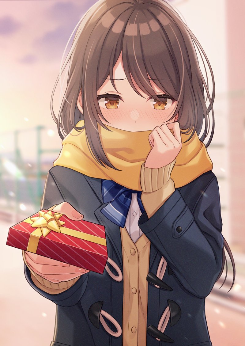 1girl blue_jacket blue_neckwear blurry blurry_background blush bow bowtie box brown_eyes brown_hair cardigan cloud holding holding_box jacket long_hair long_sleeves looking_down orange_scarf original outstretched_arm scarf school_uniform shiromikan shirt sky solo sunset uniform valentine white_shirt