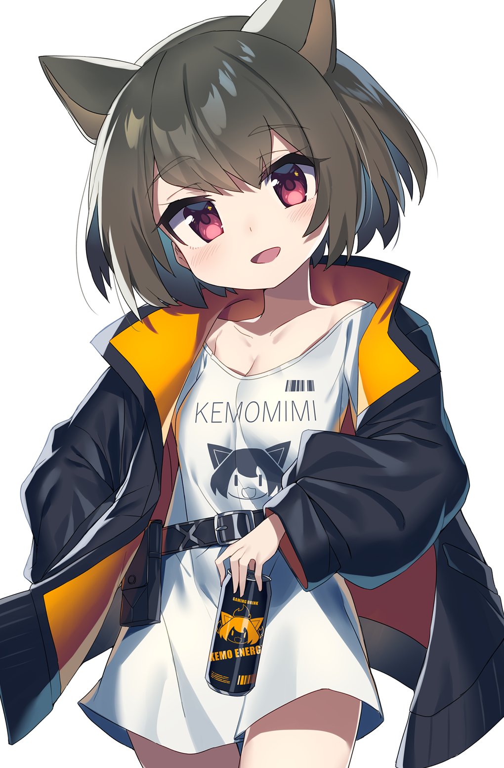 1girl :d animal_ears belt belt_pouch breasts brown_hair can commission energy_drink hand_in_pocket highres jacket long_sleeves looking_at_viewer no_pants open_mouth original pouch red_eyes shirt short_hair skeb_commission small_breasts smile soda_can wagashi928