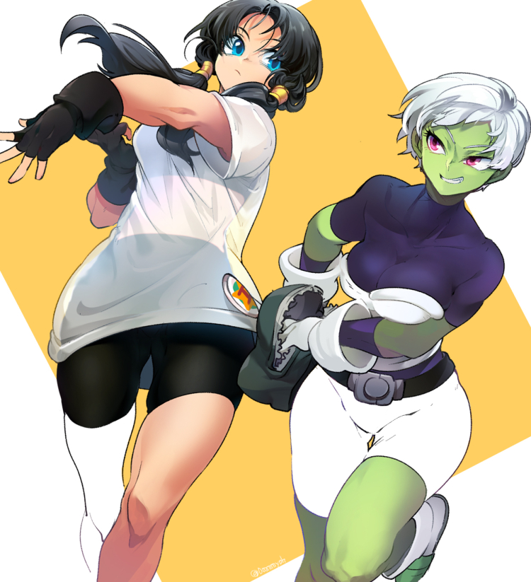 2girls armor bare_legs belt bike_shorts black_belt black_gloves black_hair black_sports_bra blue_eyes bodysuit boots breasts cheelai clenched_teeth closed_mouth collarbone colored_skin dragon_ball dragon_ball_super dragon_ball_super_broly dragon_ball_z dutch_angle facing_viewer fanny_pack feet_out_of_frame feet_up fingerless_gloves floating_hair gloves green_skin grin hair looking_at_another looking_to_the_side medium_breasts multiple_girls ommmyoh orange_background outstretched_hand partially_colored pink_eyes purple_bodysuit see-through shiny shiny_hair shirt short short_sleeves simple_background skindentation smile sports_bra square teeth thick_thighs thigh_gap thighs tight time_paradox twintails very_short_hair videl white_background white_footwear white_gloves white_hair white_shirt