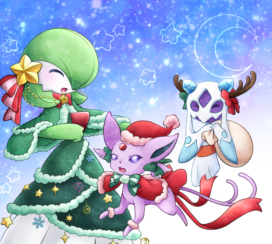 1girl :3 blue_background blush bow bowtie capelet christmas closed_eyes clothed_pokemon colored_sclera colored_skin commentary_request crescent_moon crystal dress espeon fake_antlers floating froslass full_body fur-trimmed_capelet fur-trimmed_dress fur-trimmed_headwear fur_trim gardevoir gen_2_pokemon gen_3_pokemon gen_4_pokemon gradient gradient_background green_bow green_capelet green_dress green_hair green_neckwear green_skin hair_ornament hair_over_one_eye hands_together hands_up happy hat heart holding jumping light_blush looking_at_another looking_up moon muguet multicolored multicolored_skin open_mouth pokemon pokemon_(creature) purple_sclera red_bow red_capelet red_headwear red_neckwear red_ribbon ribbon sack santa_hat short_hair smile snowflakes standing star_(symbol) two-tone_skin white_eyes white_skin