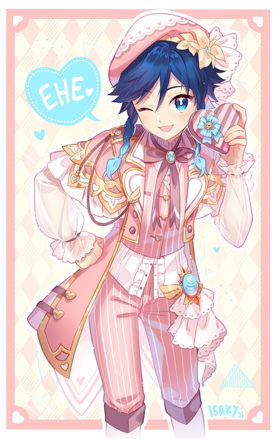 1boy bangs black_hair blue_hair blush bow box braid candy chocolate chocolate_heart clenched_hand english_text eyebrows_visible_through_hair flower food frilled_sleeves frills gem genshin_impact gradient_hair green_eyes hair_flower hair_ornament hat heart highres holding holding_box isakysaku jacket jewelry leaning_forward long_sleeves looking_at_viewer male_focus multicolored_hair one_eye_closed open_mouth pink_background pink_headwear ribbon smile solo speech_bubble twin_braids valentine venti_(genshin_impact) vision_(genshin_impact) white_flower