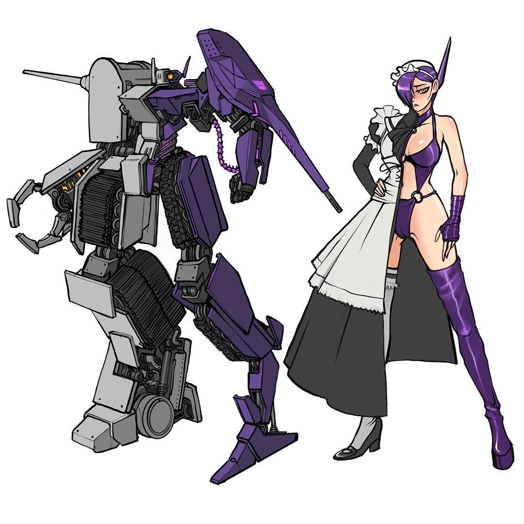 1girl blush boots breasts claws clenched_hand decepticon fingerless_gloves genderswap genderswap_(mtf) gloves hair_over_one_eye large_breasts lingerie maid maid_headdress mecha one-eyed personification procreate_(medium) purple_gloves shockwave_(transformers) single_boot single_glove single_thigh_boot single_thighhigh theamazingspino thigh-highs transformers underwear yellow_eyes