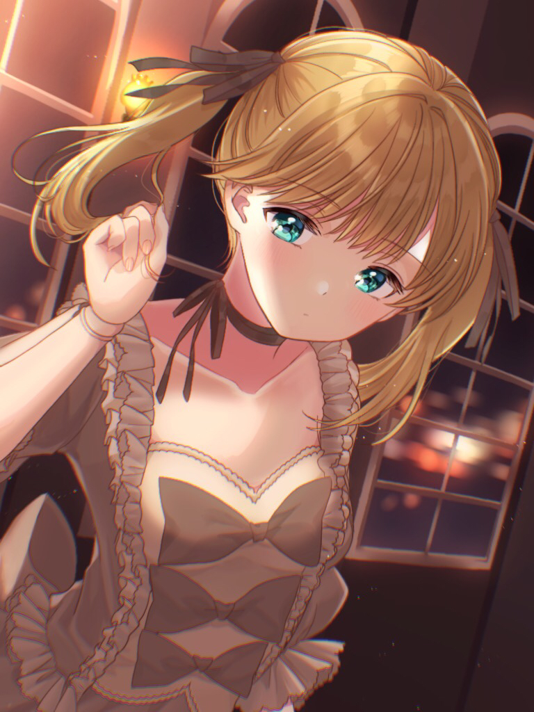 1girl arm_up bangs black_choker black_neckwear blonde_hair blue_eyes camisole choker city_lights doll_joints dutch_angle english_commentary expressionless eyebrows_visible_through_hair fingernails frilled_nightgown hair_ribbon holding holding_hair indoors joints konpeito1025 looking_at_viewer night nightgown original ribbon ribbon_choker short_hair short_sleeves solo standing two_side_up upper_body wall_lamp window