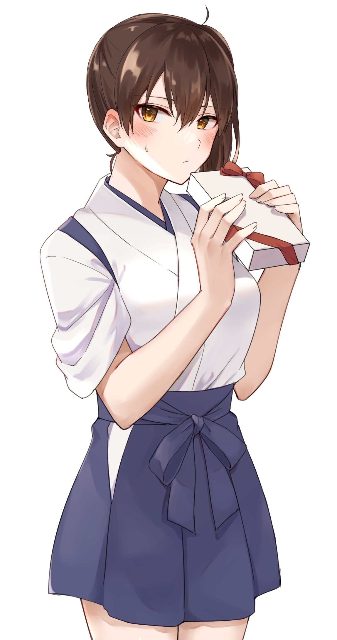 1girl blue_hakama bou_(wataame) brown_eyes brown_hair commentary_request cowboy_shot gift hakama hakama_skirt highres hip_vent japanese_clothes kaga_(kancolle) kantai_collection long_hair side_ponytail simple_background solo standing tasuki white_background