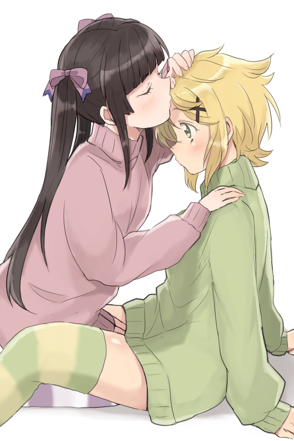 2girls akatsuki_kirika bangs black_hair blonde_hair blunt_bangs blush bow closed_eyes dress forehead_kiss green_eyes green_sweater hair_bow hand_on_another's_head hand_on_another's_shoulder highres kiss leaning_back leaning_forward long_hair multiple_girls pink_sweater profile purple_bow runawate56 senki_zesshou_symphogear shiny shiny_hair short_hair simple_background sitting striped striped_legwear sweater sweater_dress thigh-highs tsukuyomi_shirabe twintails white_background yuri zettai_ryouiki