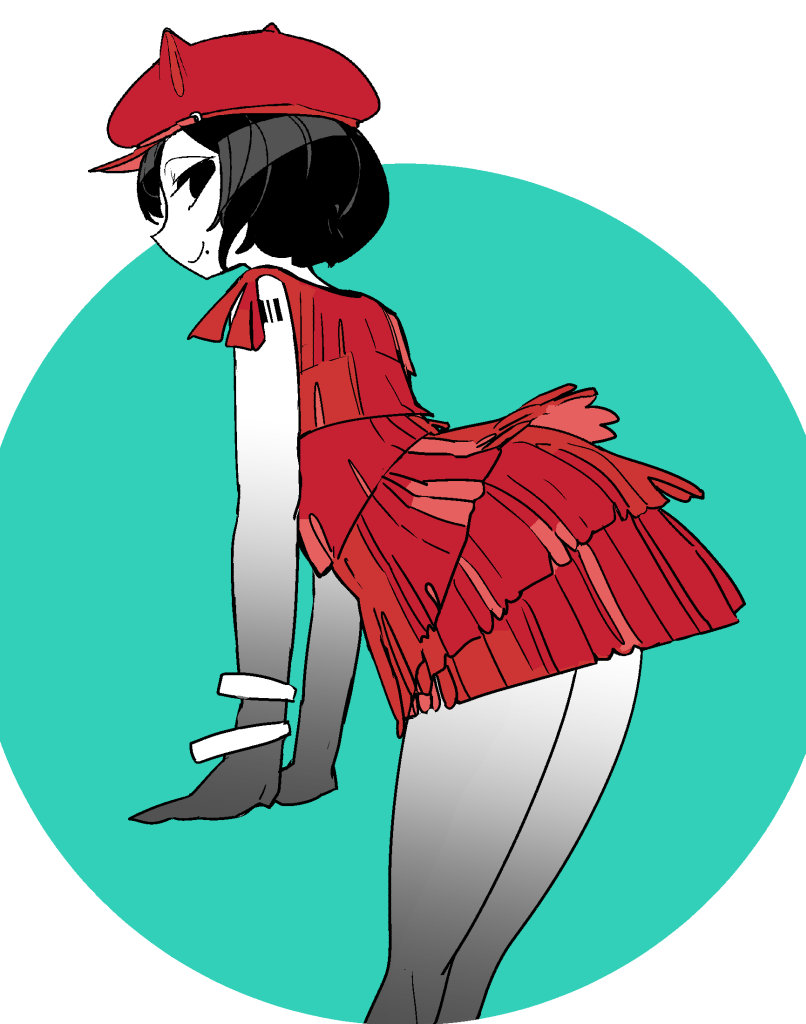 1girl black_eyes black_hair closed_mouth colored_skin dress from_side kokubunji_suou kuroi_moyamoya leaning_forward legs_together looking_at_viewer looking_to_the_side mole mole_under_mouth original red_dress red_headwear short_hair sideways_glance smile solo standing white_skin wristband