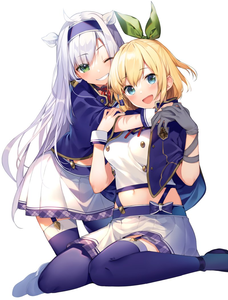 2girls alzano_school_uniform bangs blonde_hair blue_capelet blue_eyes bow breasts capelet commentary crop_top garter_straps gloves green_eyes green_ribbon grey_gloves grin hair_ribbon hairband hands_up large_breasts long_hair looking_at_viewer miniskirt mishima_kurone multiple_girls navel one_eye_closed open_mouth plaid plaid_trim pleated_skirt ribbon rokudenashi_majutsu_koushi_to_akashic_record rumia_tingel school_uniform silver_hair simple_background single_glove sistine_fiber skirt smile suspender_skirt suspenders thigh-highs white_background white_skirt