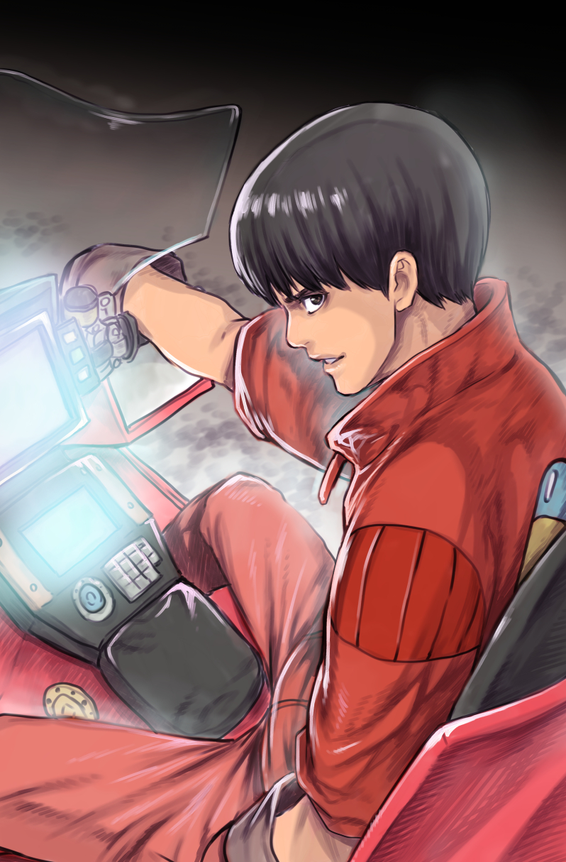 1boy akira aoki_masahiko bangs biker_clothes black_gloves black_hair brown_eyes commentary_request gloves ground_vehicle highres kaneda_shoutarou kaneda_shoutarou's_bike looking_at_viewer looking_back male_focus motor_vehicle motorcycle on_motorcycle pants parted_lips red_jumpsuit red_pants short_hair sitting smile solo