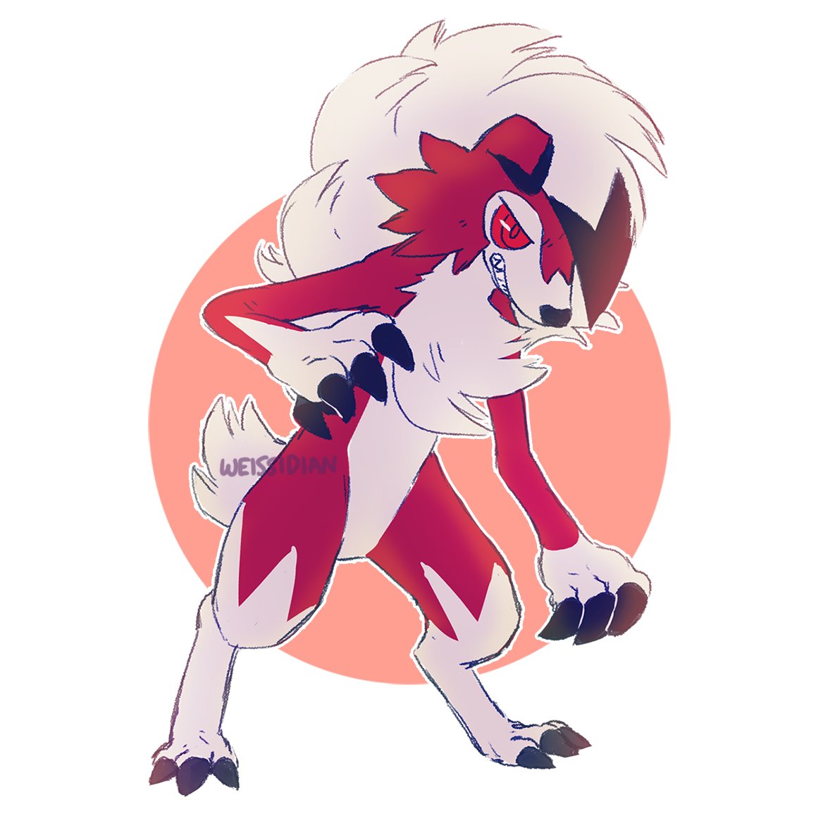 artist_name claws colored_sclera commentary english_commentary full_body gen_7_pokemon lycanroc lycanroc_(midnight) miyaulait no_humans pokemon pokemon_(creature) red_eyes red_sclera solo standing teeth watermark