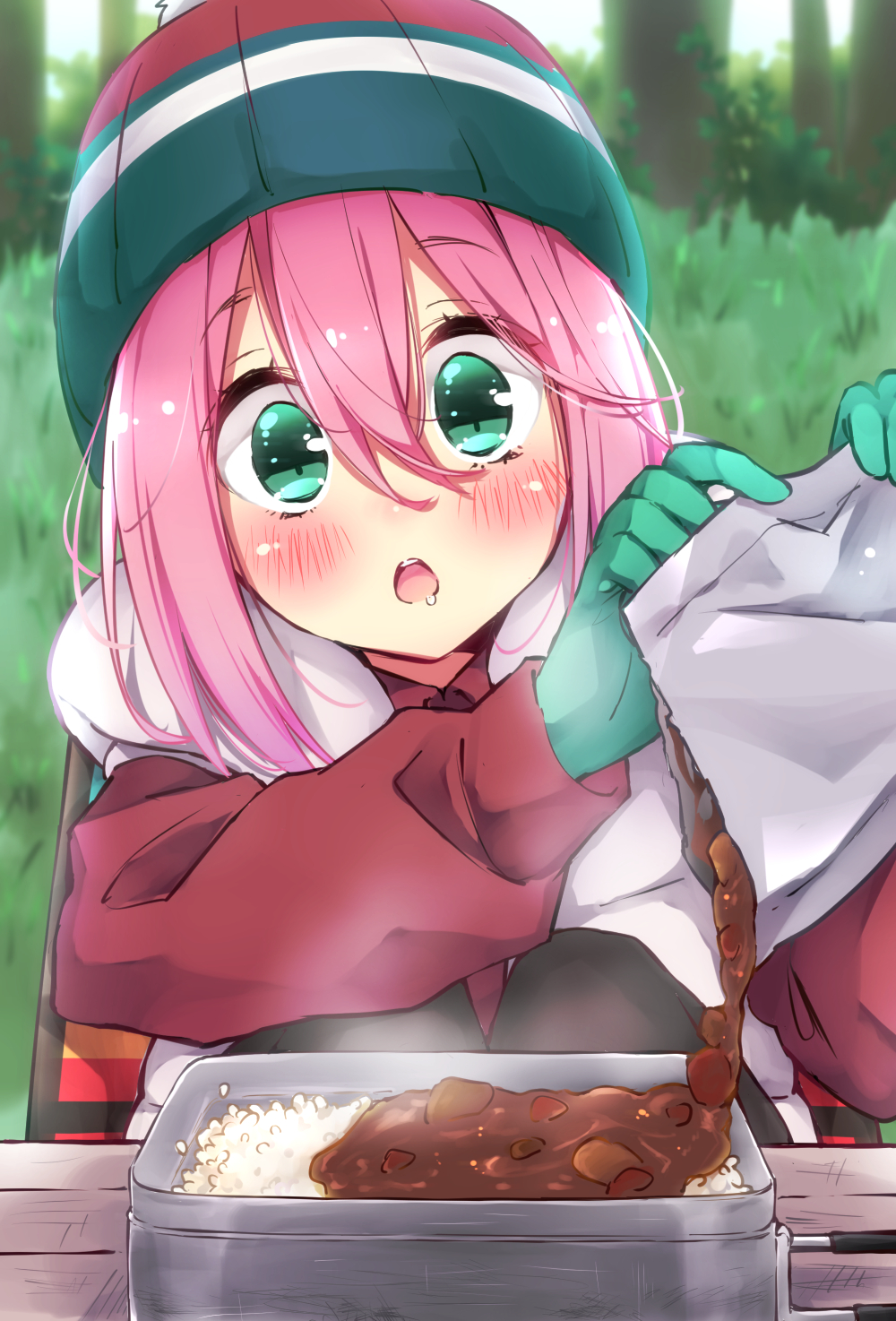 1girl beanie black_legwear box chair close-up commentary_request curry curry_rice drooling face food gloves grass green_eyes green_gloves green_headwear hair_between_eyes hat highres hood hooded_vest hoodie jacket kagamihara_nadeshiko knees_up looking_at_food mess_kit multicolored multicolored_clothes multicolored_headwear outdoors pantyhose picnic pink_hair pom_pom_(clothes) red_headwear red_jacket rice saliva sidelocks sitting sk02 solo striped striped_headwear tree vest white_headwear white_vest winter_clothes wooden_table yurucamp