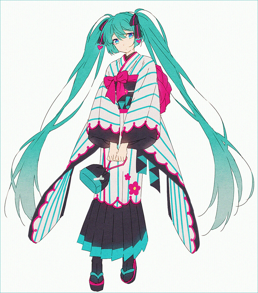 1girl alternate_costume aqua_hair bag black_footwear black_legwear black_ribbon blue_eyes commentary dot_nose expressionless eyebrows_visible_through_hair flat_chest floral_print food_print full_body hair_between_eyes hair_ornament hair_ribbon hakusai_(tiahszld) handbag hatsune_miku head_tilt heart heart_hair_ornament holding holding_bag japanese_clothes kimono layered_clothing layered_kimono long_hair looking_at_viewer multicolored multicolored_clothes multicolored_kimono okobo parted_lips pink_ribbon ribbon simple_background socks solo striped striped_kimono striped_ribbon symbol_commentary tabi twintails v_arms vertical-striped_kimono vertical_stripes very_long_hair vocaloid white_background white_kimono