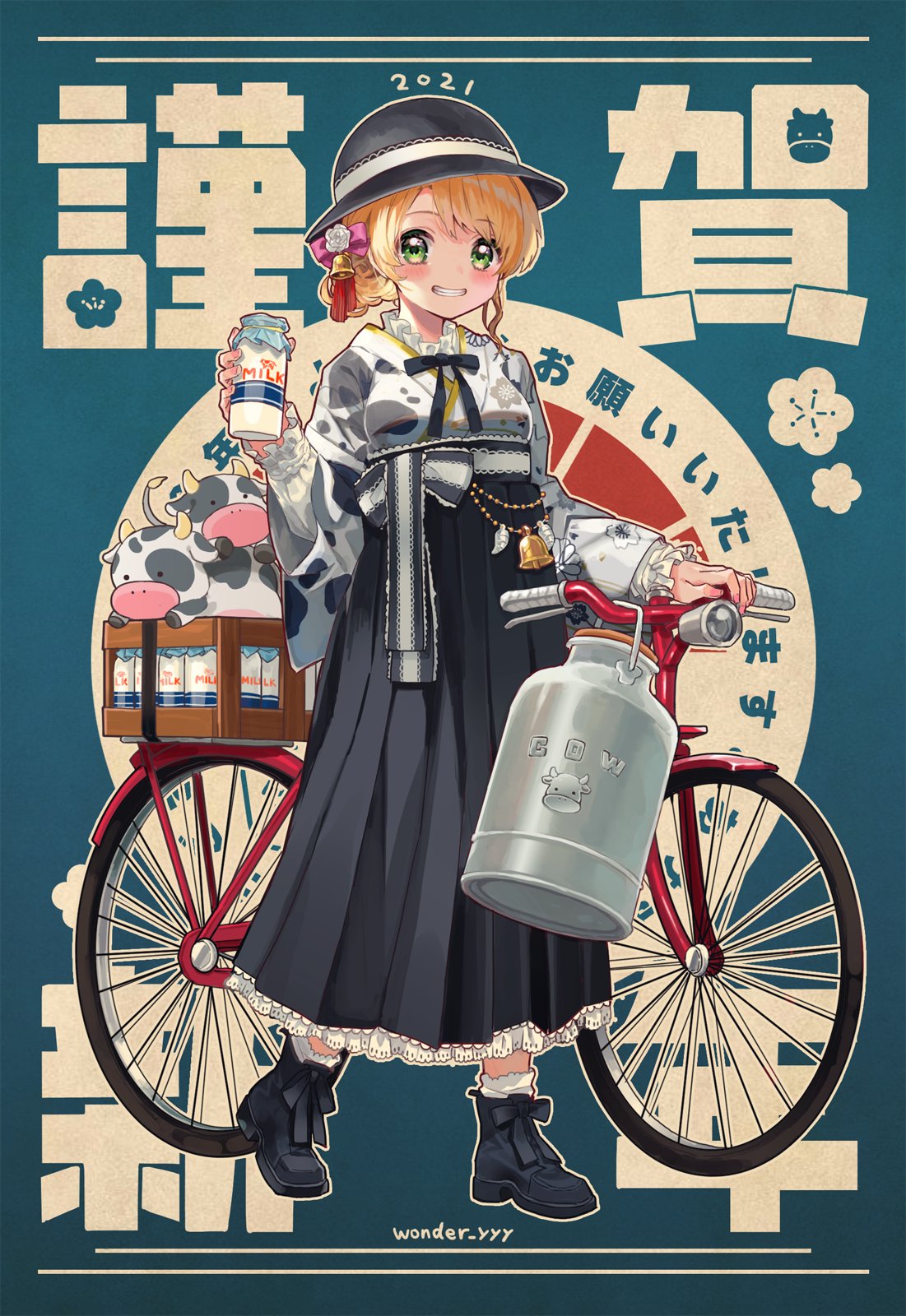 1girl 2021 animal_print bangs bell bicycle black_footwear black_hakama black_headwear black_neckwear blonde_hair bottle box cloche_hat collar commentary cow cow_print english_text floral_print frilled_collar frilled_skirt frilled_sleeves frills green_eyes grin ground_vehicle hair_bell hair_ornament hakama hakama_skirt happy_new_year hat heel_up highres holding holding_bottle japanese_clothes kimono kotoyoro kuroda_(kuro_yyy) long_sleeves looking_at_viewer milk_bottle neck_ribbon new_year original ribbon shoes short_hair skirt smile solo standing tassel translated twitter_username white_kimono wide_sleeves