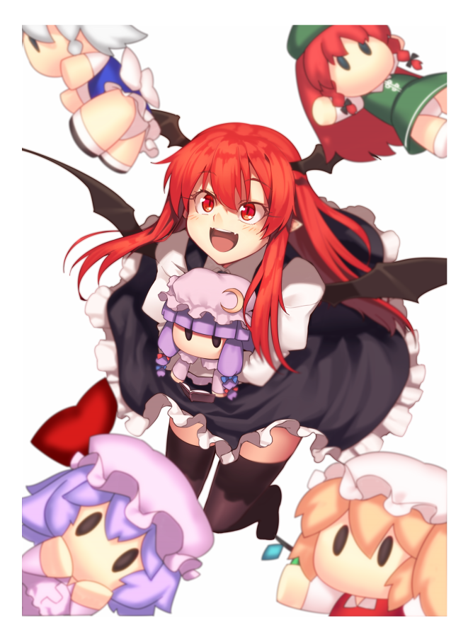 1girl bangs black_legwear black_skirt blonde_hair blue_bow blunt_bangs book bow braid character_doll crescent crescent_hat_ornament doll_hug flandre_scarlet hair_bow hat hat_ornament head_wings hong_meiling izayoi_sakuya juliet_sleeves kaiza_(rider000) koakuma long_hair long_sleeves mob_cap open_mouth patchouli_knowledge pointy_ears puffy_sleeves purple_hair red_bow red_eyes redhead remilia_scarlet revision sidelocks silver_hair simple_background skirt smile solo thigh-highs touhou twin_braids vest white_background wings |_|