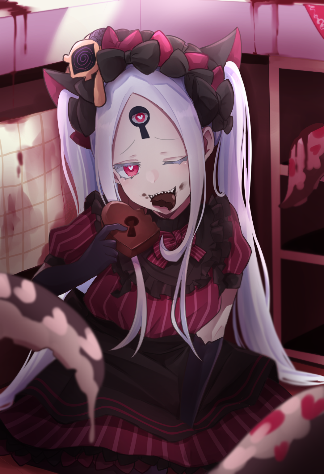 1girl abigail_williams_(fate) adapted_costume animal_ears apron bangs black_bow black_dress blush bow breasts candy cat_ears chocolate chocolate_heart colored_skin cook_heart_(fate) dress fate/grand_order fate_(series) food forehead hair_bow heart highres keyhole kubomi_943 long_hair looking_at_viewer mouth_hold multiple_bows multiple_hair_bows one_eye_closed parted_bangs puffy_short_sleeves puffy_sleeves red_eyes sharp_teeth short_sleeves sidelocks small_breasts stuffed_animal stuffed_toy teddy_bear teeth tentacles third_eye twintails white_hair white_skin