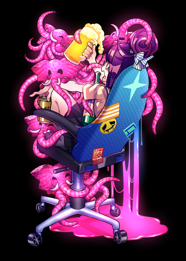 1girl alcohol beer beer_can beer_mug black_background can chair cup elephant from_behind hair_bun hair_ribbon happy mug office_chair on_chair open_mouth original puddle purple_hair ribbon saliva senmu_(0107) short_hair simple_background sitting skirt solo tentacles violet_eyes