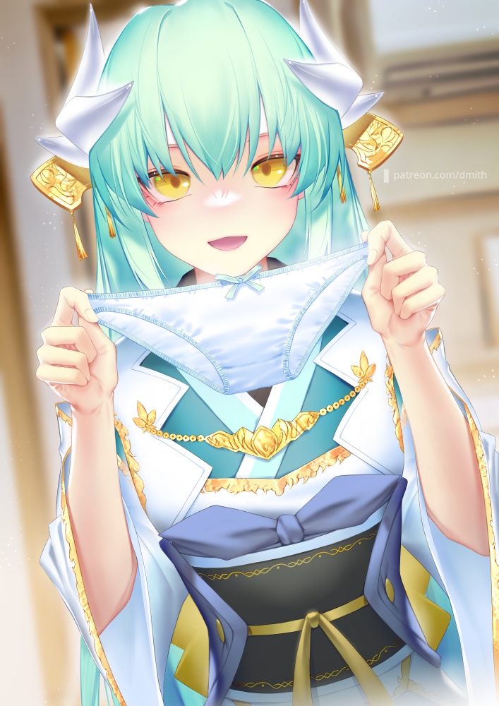 1girl aqua_hair aqua_kimono bangs blush breasts dmith dragon_horns fate/grand_order fate_(series) hair_ornament holding holding_clothes holding_panties holding_underwear horns japanese_clothes kimono kiyohime_(fate) long_hair long_sleeves looking_at_viewer medium_breasts multiple_horns obi open_mouth panties sash smile underwear white_panties wide_sleeves yellow_eyes