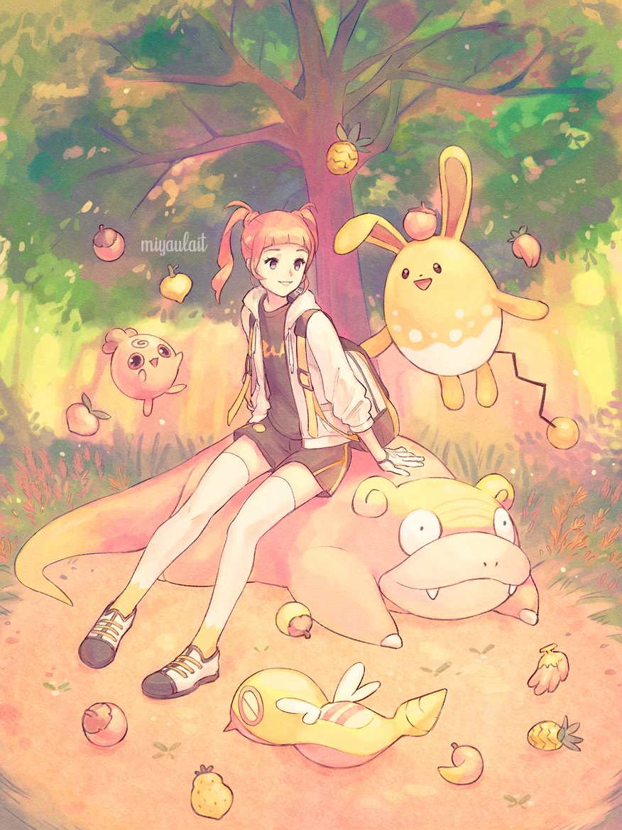 1girl alternate_hair_color alternate_hairstyle artist_name azumarill backpack bag bangs berry_(pokemon) blunt_bangs day dunsparce galarian_form galarian_slowpoke gen_2_pokemon gen_8_pokemon gloria_(pokemon) gloves hood hoodie igglybuff looking_to_the_side miyaulait open_clothes open_hoodie outdoors parted_lips pigeon-toed pokemon pokemon_(creature) pokemon_(game) pokemon_swsh shoes sitting smile thigh-highs tree twintails watermark white_legwear