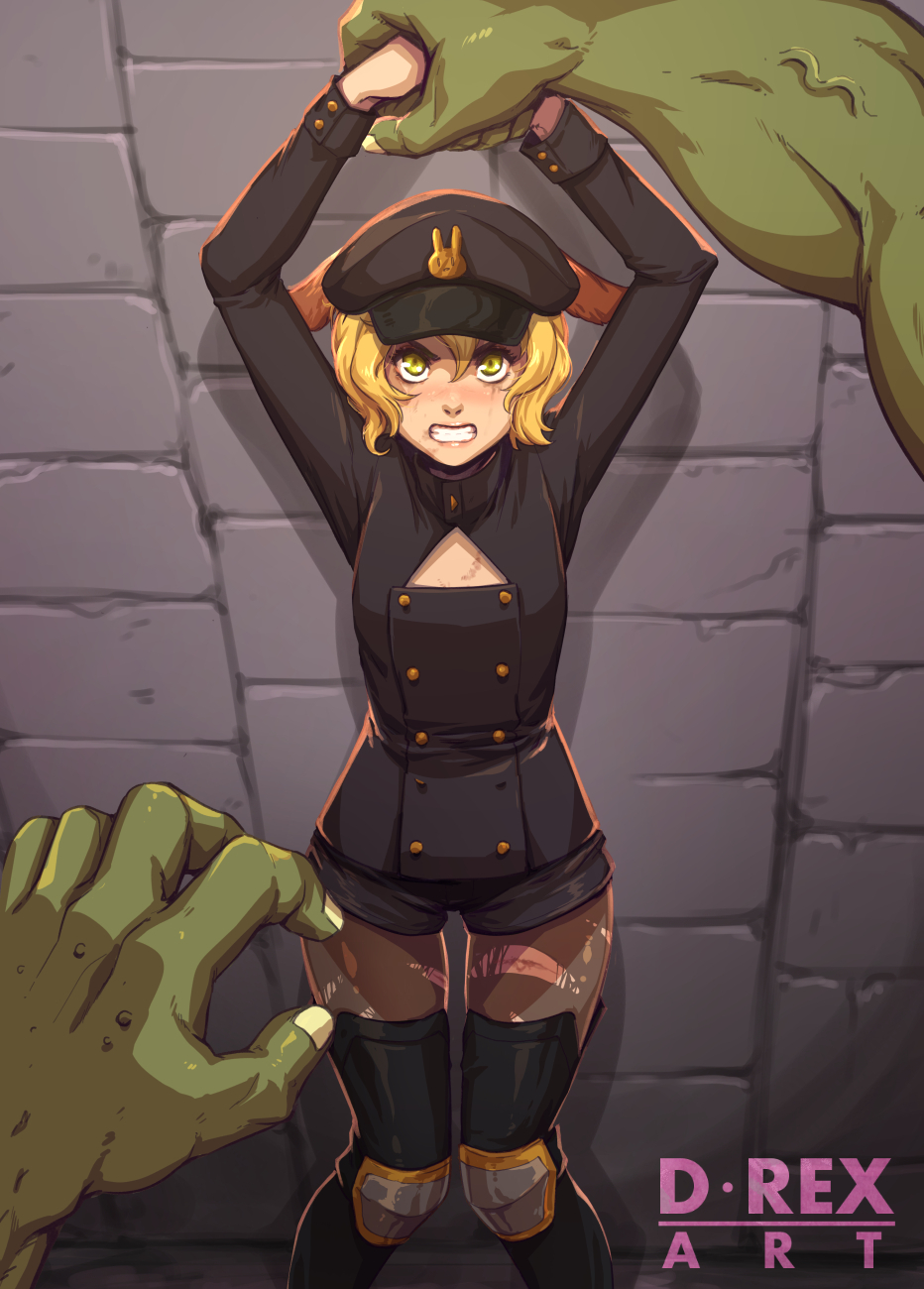 1boy 1girl angry animal_ears arms_up artist_name black_headwear black_jacket black_legwear black_shorts blonde_hair blush boots breasts brit_(d-rex) brown_legwear cleavage_cutout clenched_teeth clothing_cutout colored_skin commentary d-rex double-breasted english_commentary green_skin hat highres indoors jacket knees_together_feet_apart original out_of_frame rabbit_ears restrained short_hair shorts solo_focus stone_wall teeth thigh-highs thigh_boots torn_clothes torn_legwear wall yellow_eyes