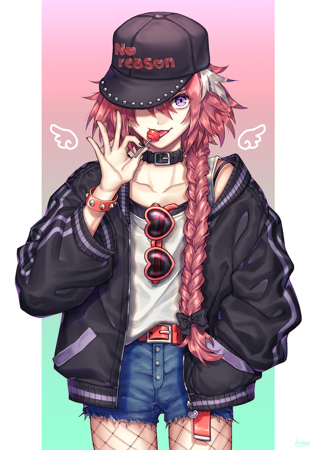 1boy astolfo_(fate) baggy_clothes belt black_nails bow braid braided_ponytail candy choker collar collarbone contemporary english_text fate/apocrypha fate_(series) fishnets food hair_bow hand_in_pocket hat heart heart-shaped_eyewear highres jacket kiritani846 lollipop long_hair looking_at_viewer male_focus nail_polish one_eye_covered otoko_no_ko pink_hair shorts single_braid smile solo sunglasses tank_top tongue tongue_out violet_eyes