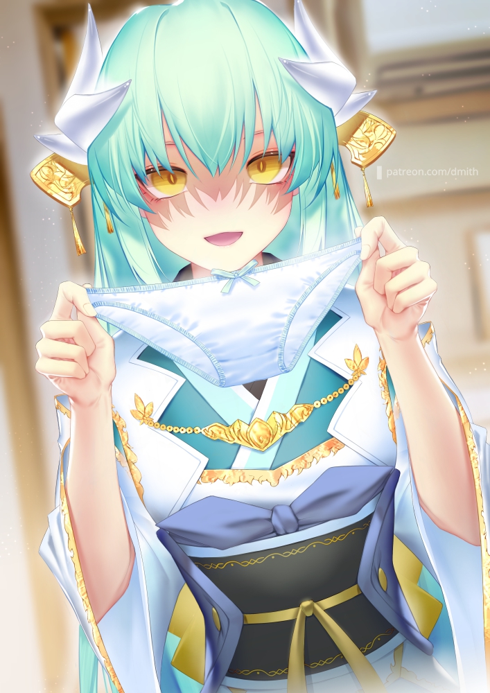 1girl aqua_hair aqua_kimono bangs blush breasts dmith dragon_horns fate/grand_order fate_(series) hair_ornament holding holding_clothes holding_panties holding_underwear horns japanese_clothes kimono kiyohime_(fate) long_hair long_sleeves looking_at_viewer medium_breasts multiple_horns obi open_mouth panties sash shaded_face smile underwear white_panties wide_sleeves yellow_eyes