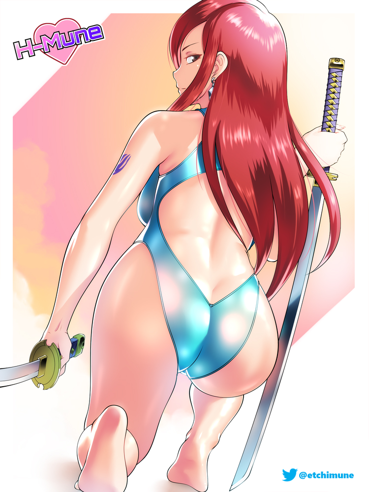 1girl arm_tattoo artist_name ass back back_cutout barefoot blue_swimsuit breasts brown_eyes butt_crack clothing_cutout competition_swimsuit dual_wielding earrings erza_scarlet fairy_tail from_behind full_body h-mune holding holding_sword holding_weapon jewelry katana long_hair one-piece_swimsuit one_knee planted_sword planted_weapon redhead reverse_grip shiny shiny_skin sidelocks soles solo swimsuit sword tattoo weapon