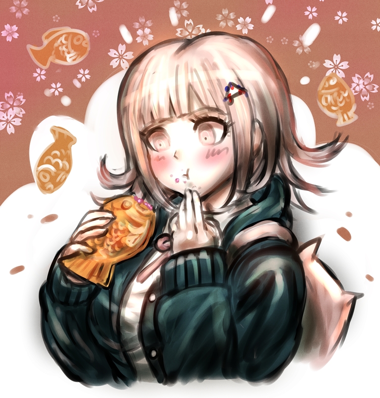 1girl backpack bag bangs black_shirt blush breasts commentary_request cropped_torso dangan_ronpa_(series) dangan_ronpa_2:_goodbye_despair dgrp_(minhduc12333) dress_shirt eating flipped_hair floral_print food food_on_face green_jacket hair_ornament hairclip hands_up holding hood hood_down hooded_jacket jacket large_breasts long_sleeves medium_hair nanami_chiaki shirt sketch solo taiyaki wagashi