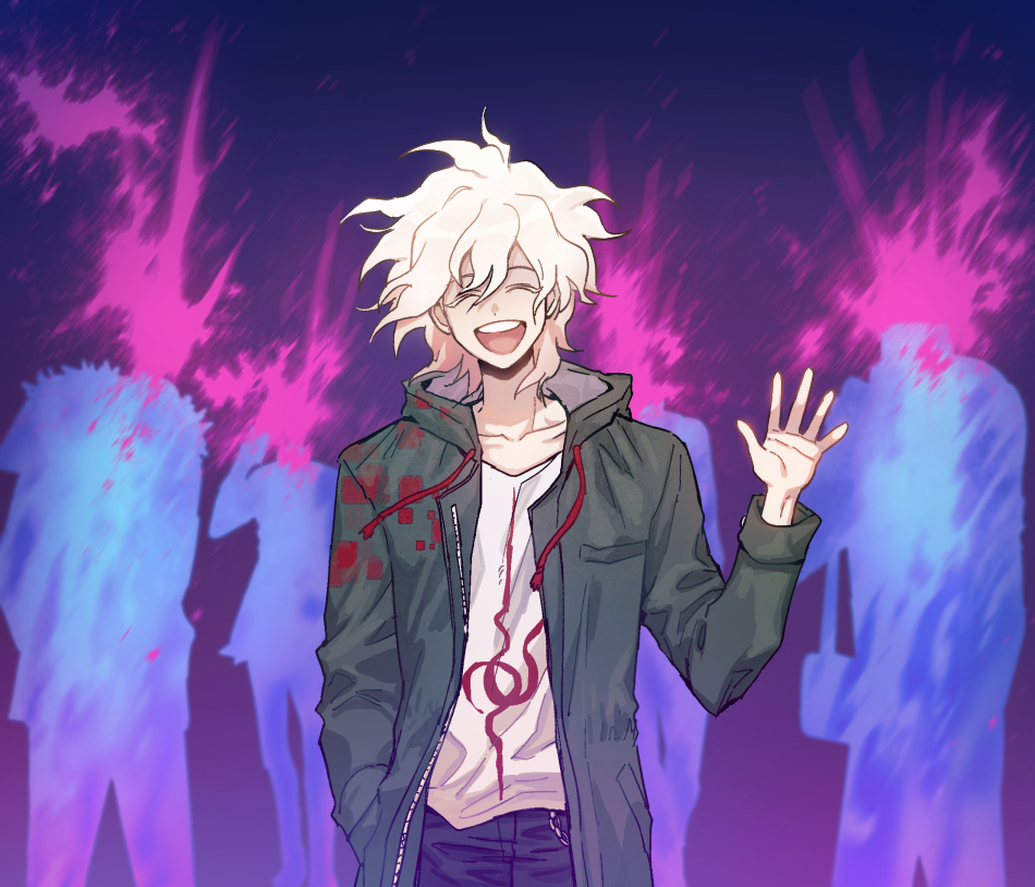 1boy :d bangs black_pants closed_eyes coat collarbone commentary_request cowboy_shot dangan_ronpa_(series) dangan_ronpa_2:_goodbye_despair denim facing_viewer green_coat hair_between_eyes hand_in_pocket hand_up hood hood_down hoodie komaeda_nagito long_sleeves male_focus messy_hair open_clothes open_coat open_mouth pants pink_blood ppap_(11zhakdpek19) print_shirt shirt smile solo spoilers standing upper_body upper_teeth white_hair white_shirt