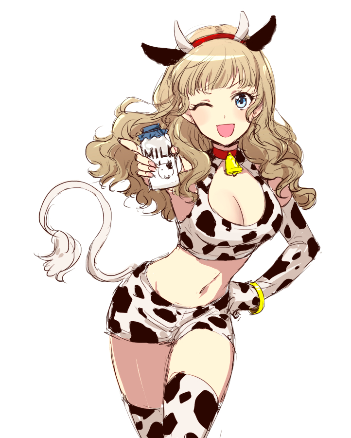 1girl ;d animal_ears animal_print bangs bare_shoulders bell bell_collar blue_eyes blunt_bangs bottle breasts chinese_zodiac cleavage_cutout clothing_cutout collar cow_ears cow_horns cow_print cow_tail cowboy_shot crop_top earrings elbow_gloves eyebrows_visible_through_hair fake_animal_ears fake_horns fake_tail gloves hair_over_shoulder hairband hand_on_hip holding holding_bottle horns jewelry leaning_forward light_brown_hair long_hair looking_at_viewer medium_breasts mewkledreamy midriff milk_bottle nail_polish navel one_eye_closed open_mouth pink_nails reaching red_collar red_hairband sbs short_shorts shorts simple_background single_glove sketch smile solo star_(symbol) star_in_eye stomach symbol_in_eye tail tank_top thigh-highs tsukishima_maira wavy_hair white_background year_of_the_ox zettai_ryouiki