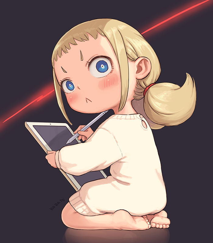 1girl bare_legs barefoot black_background blonde_hair blue_eyes blush child from_side long_hair long_sleeves looking_at_viewer original reflection sitting solo stylus sweater tablet_pc twintails white_sweater yu_kozato
