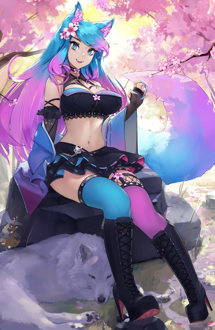 1girl animal_ear_fluff animal_ears bangs blue_eyes blue_hair boots breasts cherry_blossoms cross-laced_footwear elbow_gloves eyebrows_visible_through_hair fangs fingerless_gloves fingernails flower gloves gradient_hair hair_flower hair_ornament high_heel_boots high_heels highres large_breasts long_hair looking_at_viewer midriff multicolored_hair navel open_mouth pink_hair sharp_fingernails silvervale sitting skirt solo tail thigh-highs two-tone_hair unsomnus virtual_youtuber vshojo wolf_ears wolf_tail