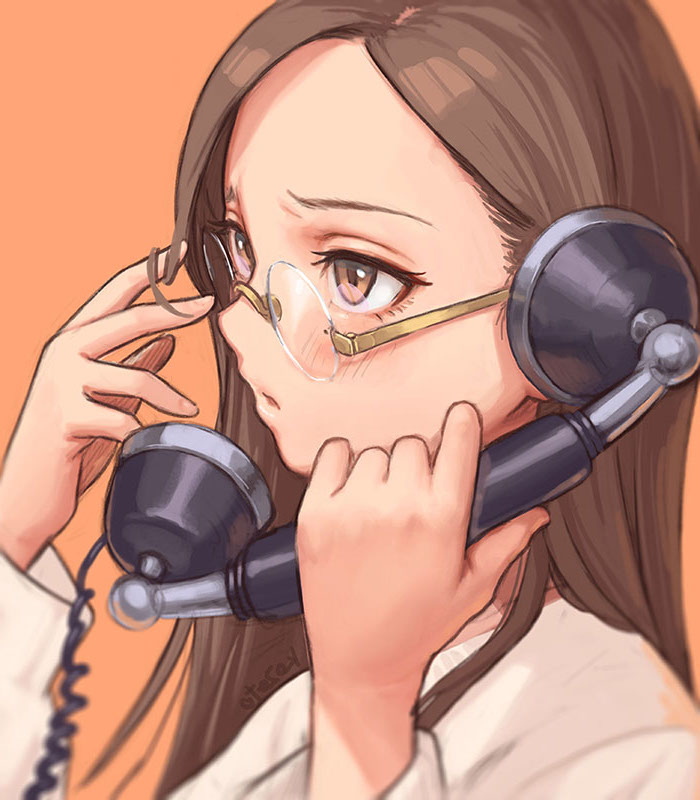 1girl brown_eyes brown_hair glasses hands_up holding holding_phone long_hair long_sleeves orange_background original parted_lips phone portrait shadow shirt simple_background solo white_shirt yu_kozato