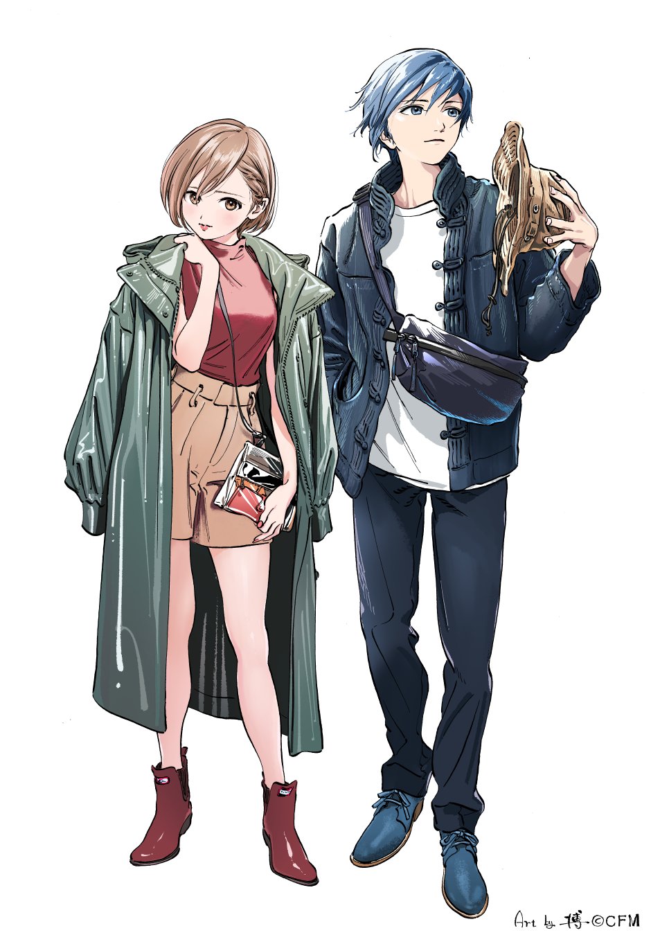 1boy 1girl alternate_costume ankle_boots artist_name bag bare_legs blue_eyes blue_footwear blue_hair blue_jacket boots breasts brown_eyes brown_footwear brown_hair brown_headwear brown_shorts casual closed_mouth coat coat_on_shoulders commentary_request contrapposto copyright_name crypton_future_media facing_viewer fanny_pack fingernails formal grey_coat hand_up handbag hat hat_removed headwear_removed height_difference highres hiro_(dismaless) jacket jitome kaito light_blush light_smile lips long_hair looking_afar looking_away medium_breasts meiko official_art open_clothes open_coat pants red_lips red_nails red_shirt shiny shiny_hair shirt shorts side-by-side simple_background standing tareme very_long_hair vocaloid white_background white_shirt zipper