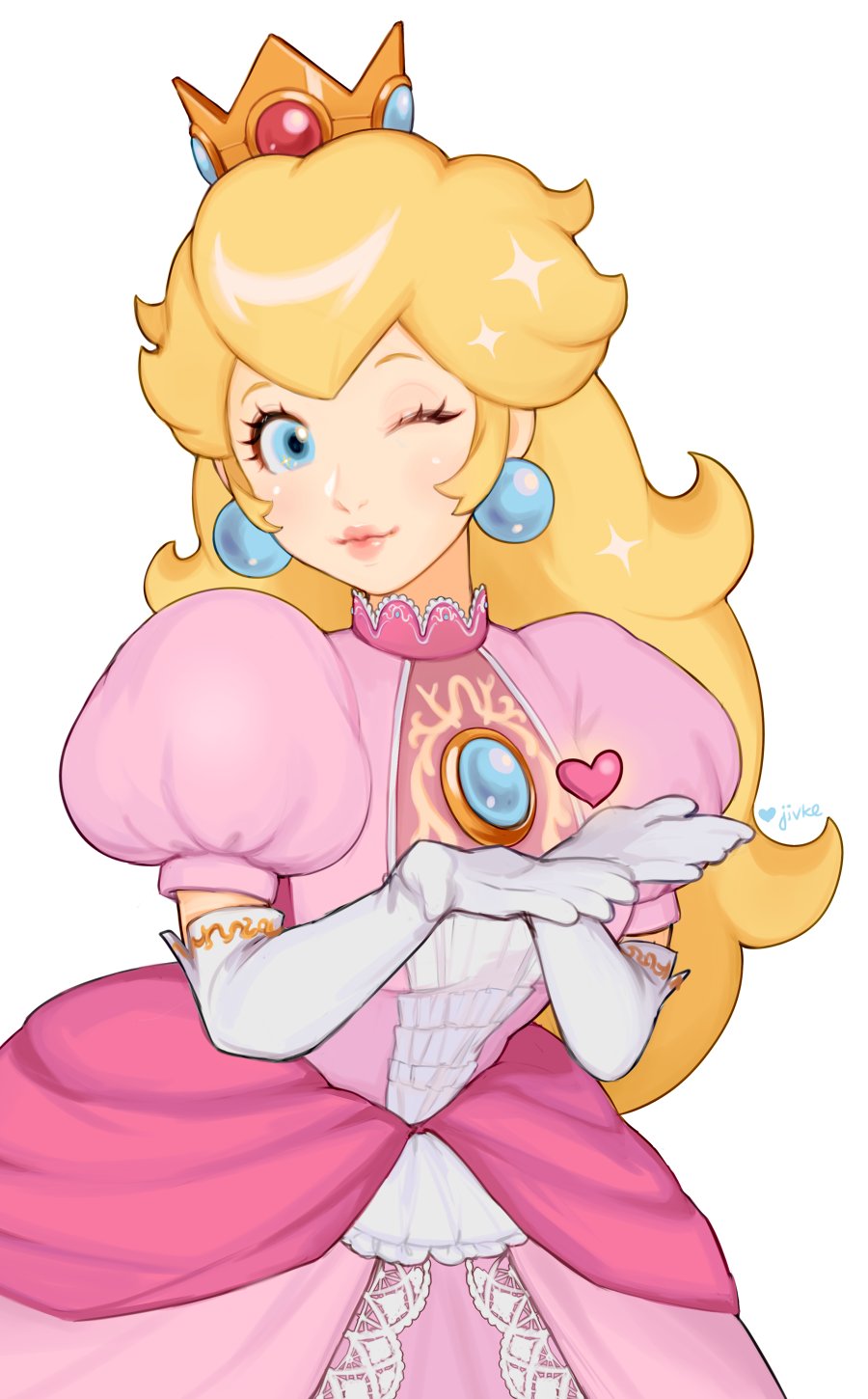 1girl blonde_hair blue_eyes crown dress earrings elbow_gloves gloves hands_together heart highres jewelry jivke long_hair looking_at_viewer super_mario_bros. one_eye_closed petticoat pink_dress princess_peach super_mario_bros. super_smash_bros. white_background white_gloves