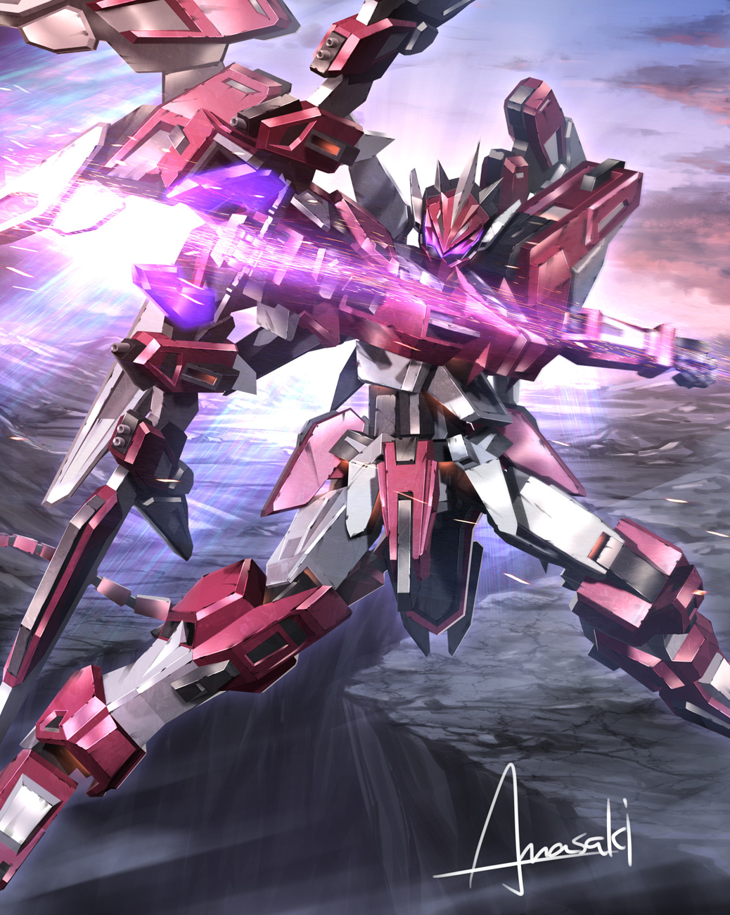 amasaki_yusuke artist_name bow_(weapon) energy_weapon floating glowing glowing_eyes highres holding holding_bow_(weapon) holding_weapon looking_up mecha no_humans original science_fiction solo violet_eyes weapon
