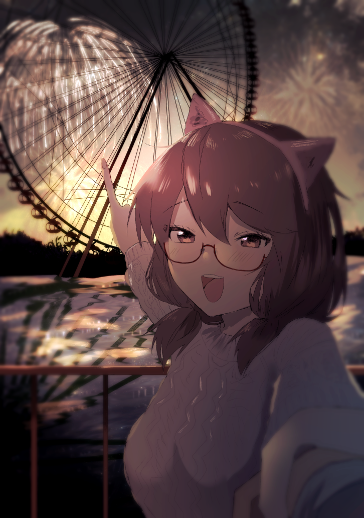 1girl :d alternate_costume animal_ears aran_sweater blurry blurry_background blush brown_eyes brown_hair commentary_request commission eyebrows_visible_through_hair fake_animal_ears ferris_wheel fireworks glasses hair_between_eyes holding_hands long_sleeves looking_at_viewer low_twintails nanana_napi night open_mouth outdoors outstretched_hand partial_commentary pointing pov pov_hands reflective_water semi-rimless_eyewear short_hair skeb_commission smile solo sunset sweater touhou twintails under-rim_eyewear upper_body upper_teeth usami_sumireko water white_sweater