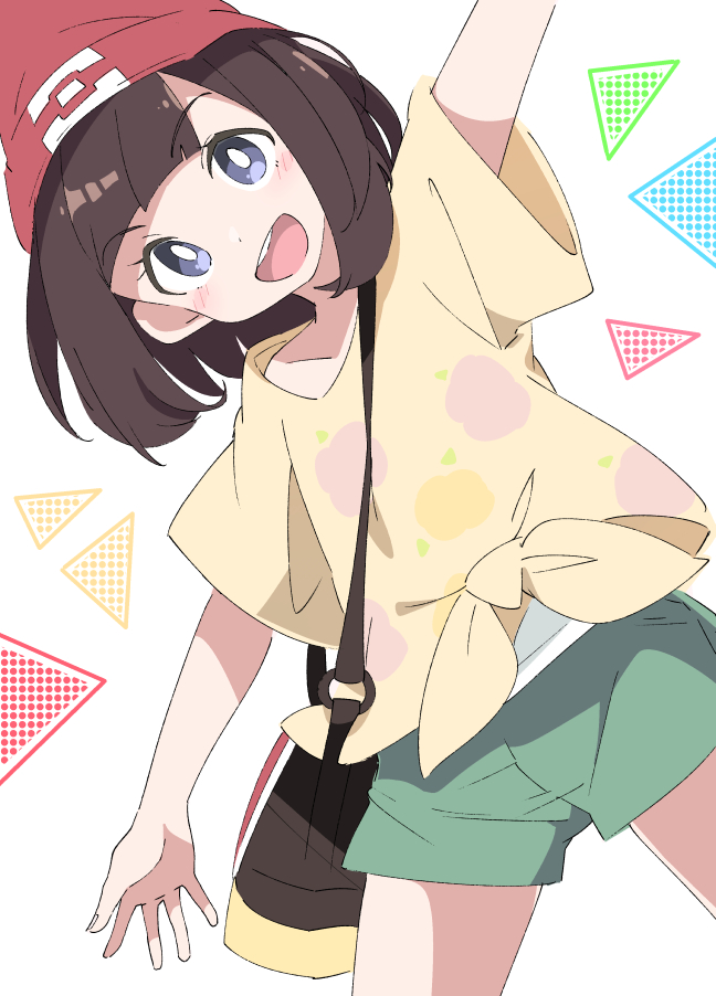 1girl :d beanie blue_eyes brown_hair commentary_request green_shorts hat ixy looking_at_viewer open_mouth pokemon pokemon_(game) pokemon_sm red_headwear round_teeth selene_(pokemon) shirt short_hair short_sleeves shorts smile solo standing teeth tied_shirt upper_teeth white_background white_shirt