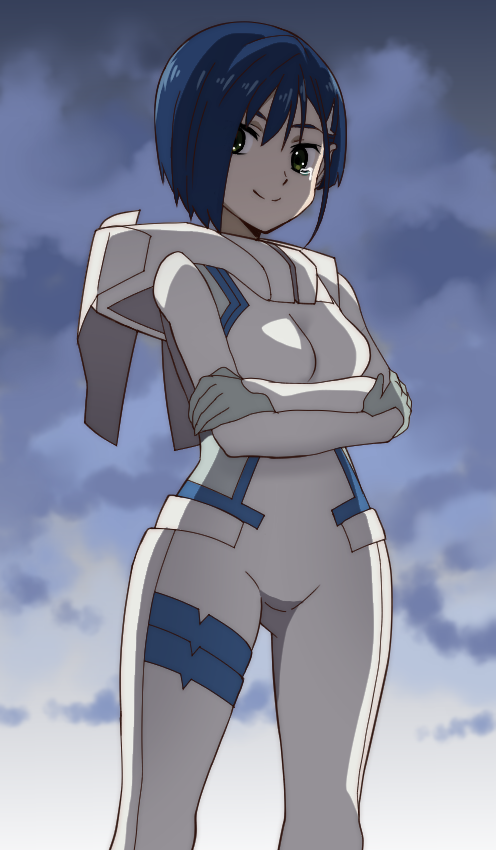 1girl arms_under_breasts ass_visible_through_thighs asymmetrical_hair backlighting bangs blue_hair bob_cut bodysuit breasts clouds cloudy_sky commentary cowboy_shot crossed_arms darling_in_the_franxx green_eyes hair_between_eyes hair_ornament hair_over_one_eye hairclip ichigo_(darling_in_the_franxx) looking_at_viewer medium_breasts onomekaman pilot_suit short_hair skin_tight sky smile solo standing tearing_up tears thigh_gap uniform white_bodysuit