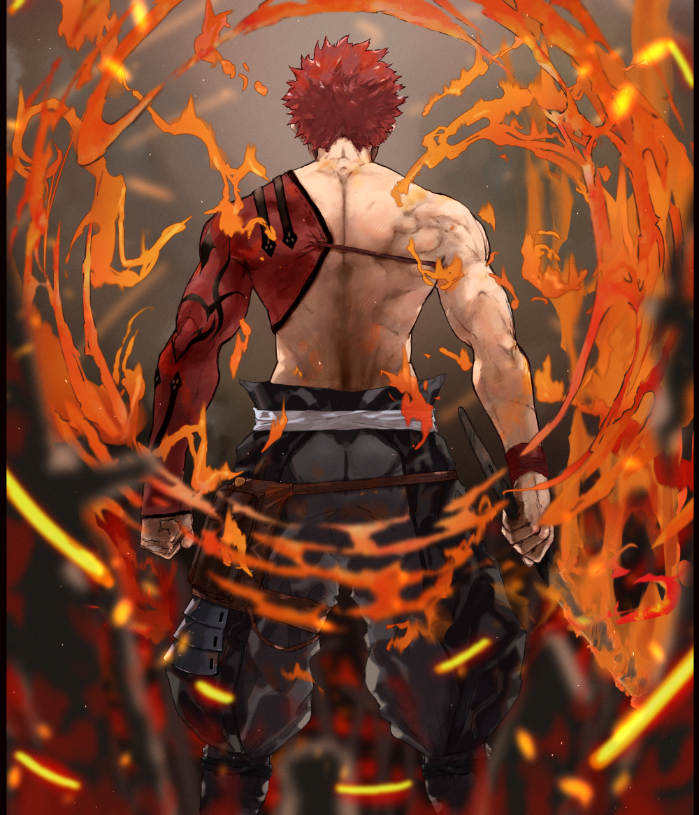 1boy bare_back blurry depth_of_field emiya_shirou facing_away fate/grand_order fate_(series) fire from_behind holding holding_weapon igote kdm_(ke_dama) limited/zero_over male_focus pants redhead sengo_muramasa_(fate) shirtless solo standing sword toned toned_male weapon wristband