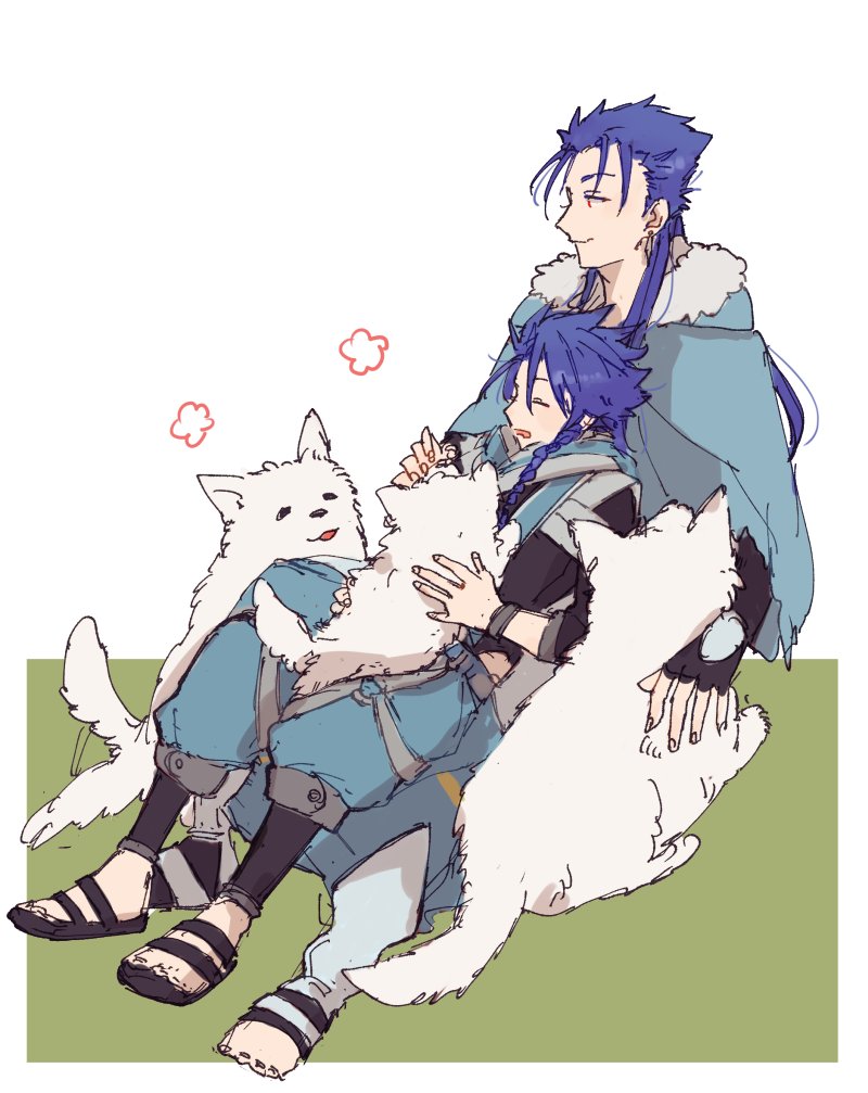 2boys 3others age_difference animal bangs belt blue_hair bracelet braid braided_ponytail capelet child closed_eyes closed_mouth cu_chulainn_(fate)_(all) cu_chulainn_(fate/grand_order) dog earrings fate/grand_order fate/grand_order_arcade fate_(series) fur-trimmed_hood fur_trim hood hood_down hooded_capelet jewelry leg_warmers long_hair male_focus multiple_boys multiple_others open_toe_shoes pants ponytail puffy_pants puppy red_eyes sandals setanta_(fate) simple_background sitting sitting_on_lap sitting_on_person sketch sleeping smile sora_itoguchi spiky_hair tail tail_wagging