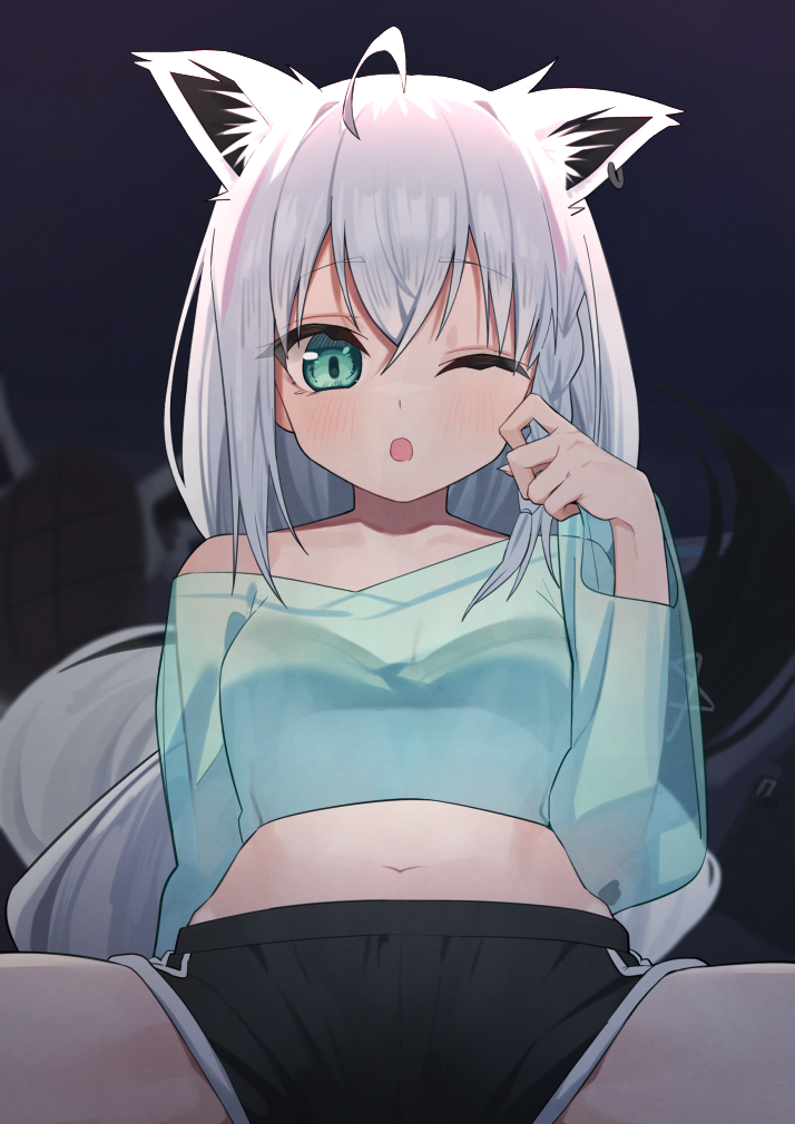 1girl ;o ahoge animal_ear_fluff animal_ears bangs bare_shoulders black_shorts blue_shirt braid breasts collarbone commentary_request crop_top ear_piercing eyebrows_visible_through_hair fox_ears fox_girl fox_tail green_eyes hair_between_eyes hand_up hololive long_sleeves looking_at_viewer midriff navel off_shoulder one_eye_closed open_mouth piercing see-through see-through_sleeves shirakami_fubuki shirt short_shorts shorts silver_hair sitting small_breasts solo spread_legs syhan tail virtual_youtuber