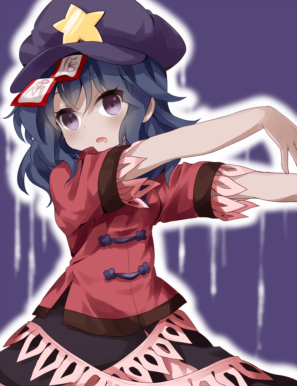 1girl bangs black_skirt blue_eyes breasts cabbie_hat chinese_clothes cowboy_shot empty_eyes eyebrows_visible_through_hair hair_between_eyes hat hat_ornament highres looking_at_viewer medium_breasts medium_hair miyako_yoshika ofuda_on_clothes open_mouth outstretched_arms purple_background purple_headwear red_shirt ruu_(tksymkw) saliva shirt short_sleeves skirt solo standing star_(symbol) star_hat_ornament tangzhuang touhou violet_eyes zombie_pose