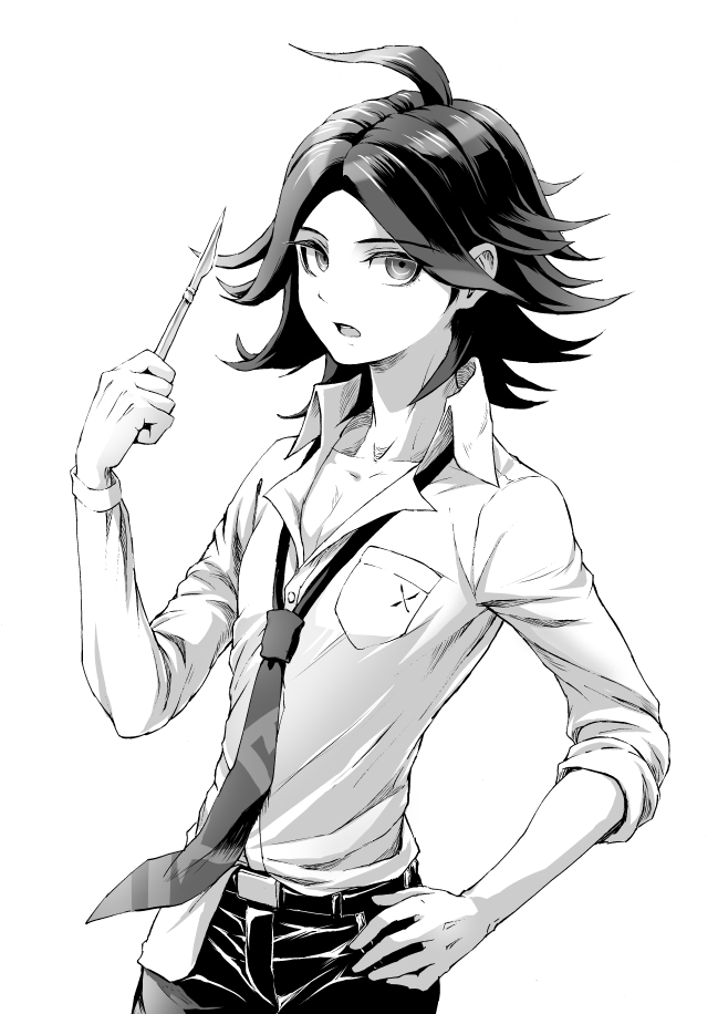 1boy ahoge belt belt_buckle breast_pocket buckle collarbone collared_shirt commentary_request cowboy_shot dangan_ronpa/zero dangan_ronpa_(series) dress_shirt greyscale hand_on_hip hand_up holding long_sleeves looking_at_viewer loose_necktie male_focus matsuda_yasuke monochrome necktie open_mouth pants pocket scalpel shirt simple_background solo striped white_background youko-shima