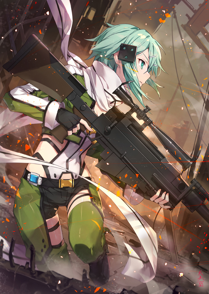 1girl anti-materiel_rifle aqua_eyes bangs black_gloves black_shorts blue_eyes blue_hair commentary_request destruction dutch_angle fingerless_gloves foot_up from_side frown gabiran gloves gun hair_ornament hairclip holding holding_gun holding_weapon long_sleeves profile rifle scarf shiny shiny_hair short_hair short_shorts shorts sinon sniper_rifle solo sword_art_online weapon white_scarf