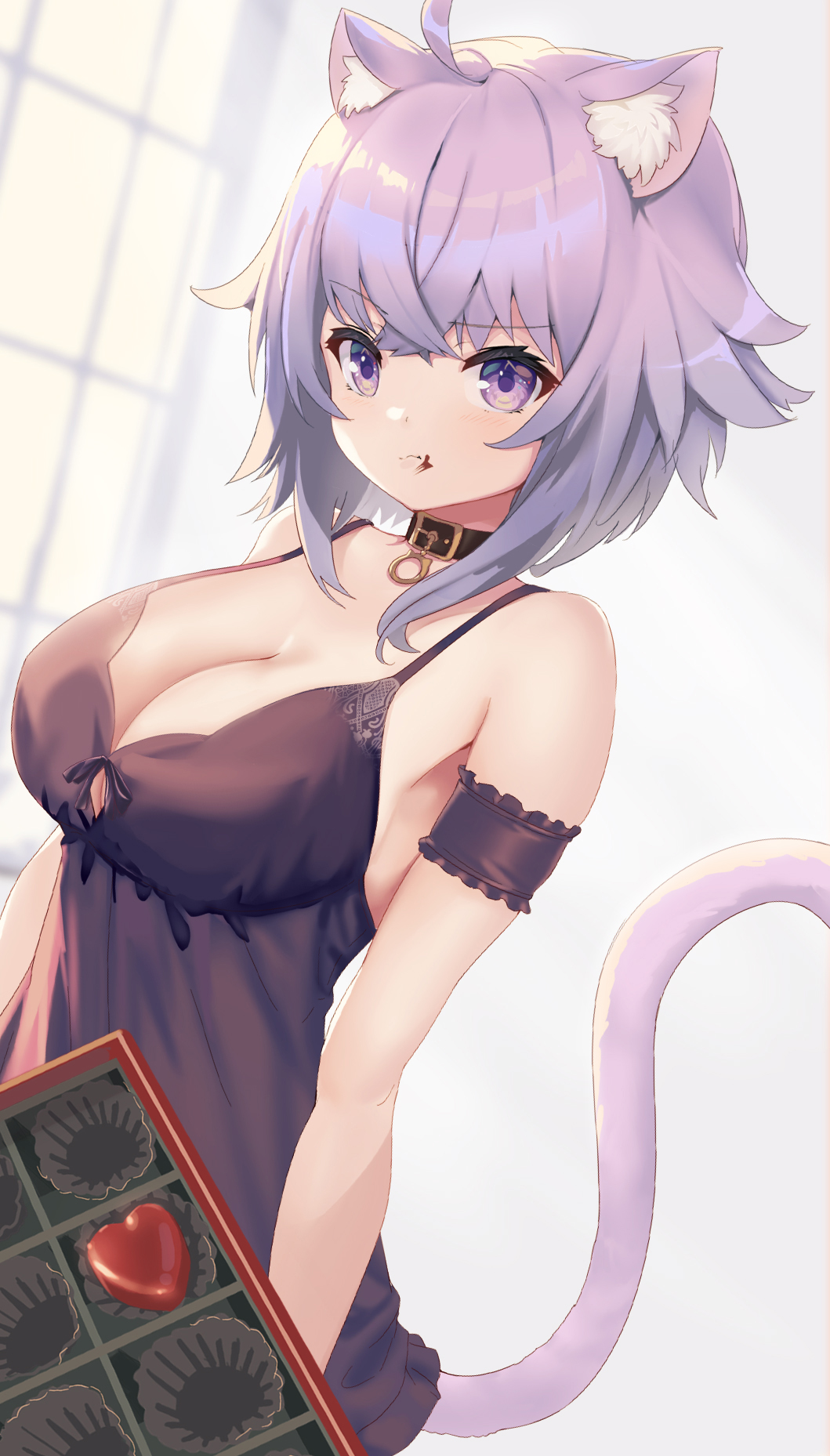 1girl animal_collar animal_ears bare_shoulders breasts candy cat_ears cat_tail chocolate chocolate_heart collar eyebrows_visible_through_hair food food_on_face heart highres hololive looking_at_viewer medium_breasts nekomata_okayu nightgown pondel purple_hair short_hair solo tail valentine violet_eyes virtual_youtuber window