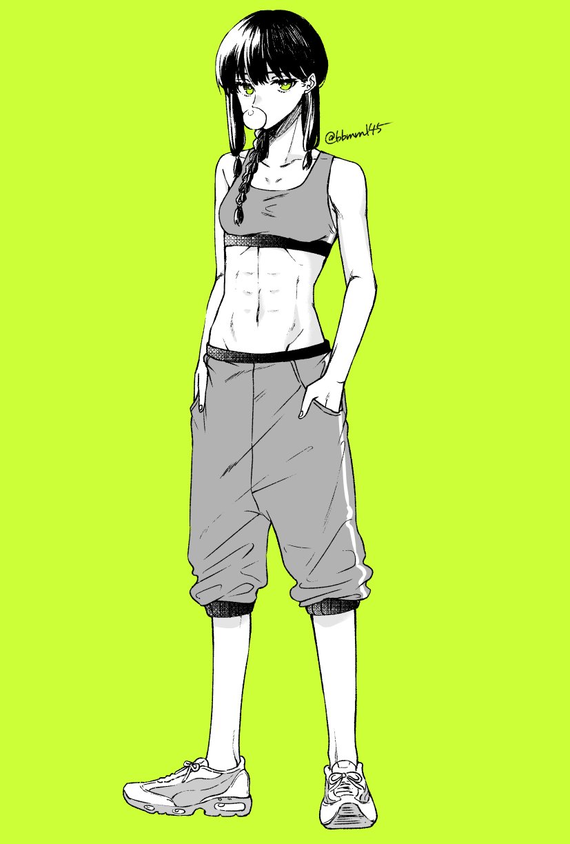 1girl abs braid bubble_blowing green_background green_eyes greyscale hair_over_shoulder hands_in_pockets highres kantai_collection kitakami_(kancolle) long_hair machi_(ritovoyage) monochrome muscular muscular_female shoes shorts sidelocks simple_background single_braid sneakers solo sports_bra sportswear spot_color standing twitter_username