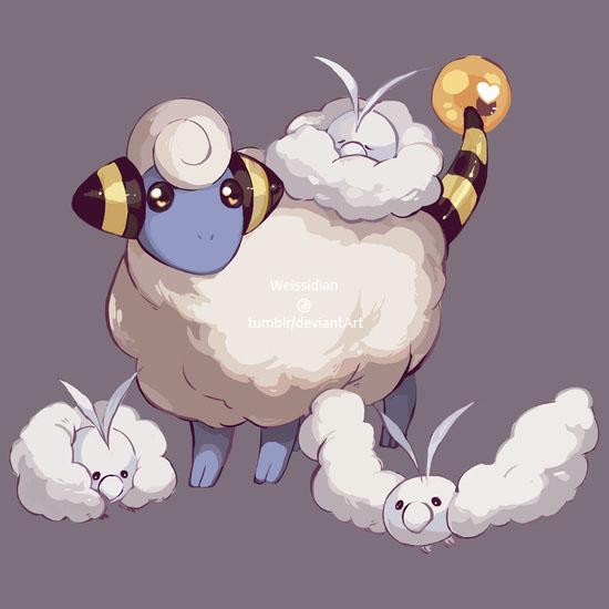 closed_eyes commentary english_commentary gen_2_pokemon gen_3_pokemon grey_background heart heart_in_eye mareep miyaulait no_humans pokemon pokemon_(creature) sheep swablu symbol_in_eye toes