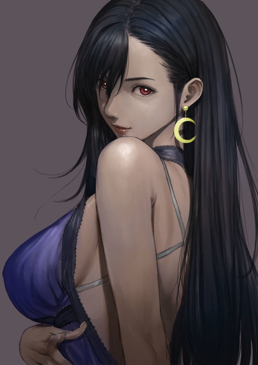 1girl bare_arms bare_shoulders black_hair breasts brown_eyes crescent crescent_earrings dress earrings final_fantasy final_fantasy_vii final_fantasy_vii_remake grey_background highres jewelry large_breasts lips looking_at_viewer purple_dress rungsak_sontayanont sideboob simple_background solo tifa_lockhart upper_body