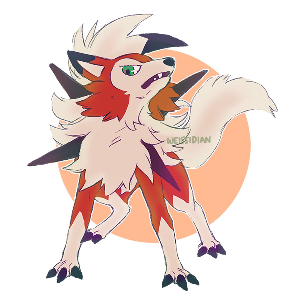 claws commentary english_commentary fangs full_body gen_7_pokemon green_eyes lycanroc lycanroc_(dusk) miyaulait no_humans open_mouth outline pokemon pokemon_(creature) solo standing