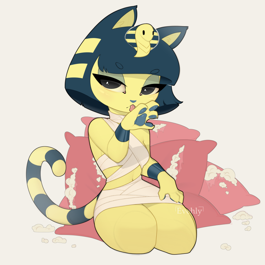 1girl :&lt; animal_crossing animal_ears animal_nose ankha_(animal_crossing) armpit_crease artist_name bandages blush breasts cat_ears cat_girl cat_paws cat_tail commentary english_commentary evehly eyebrows_visible_through_hair eyeshadow full_body green_eyeshadow grey_background grey_eyes half-closed_eyes hand_licking hand_up licking licking_self looking_at_viewer makeup medium_breasts naked_bandage navel paws pillow seiza short_eyebrows simple_background sitting solo striped striped_tail tail thick_eyebrows tongue tongue_out watermark