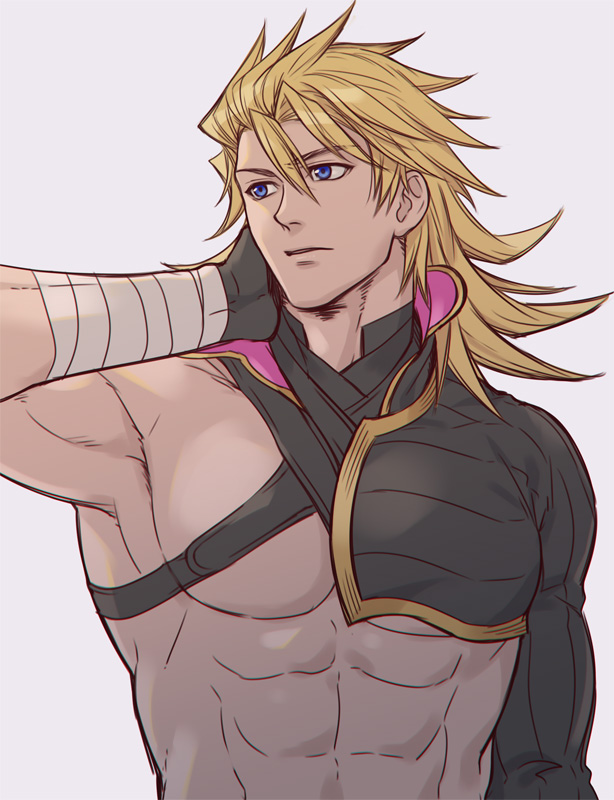 1boy abs bare_pecs blonde_hair blue_eyes chest_harness fate/grand_order fate_(series) fingerless_gloves gloves harness heian heian_warrior_attire_(fate/grand_order) male_focus medium_hair muscular muscular_male official_alternate_costume pectorals sakata_kintoki_(fate) single_bare_shoulder solo upper_body zanshi